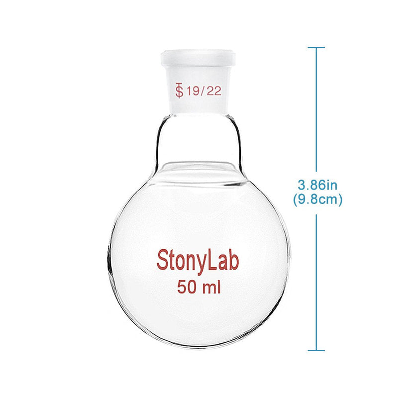 StonyLab Glass 50mL Heavy Wall Single Neck 1 Neck Round Bottom Flask RBF, with 19/22 Standard Taper Outer Joint - 50mL 50 ml