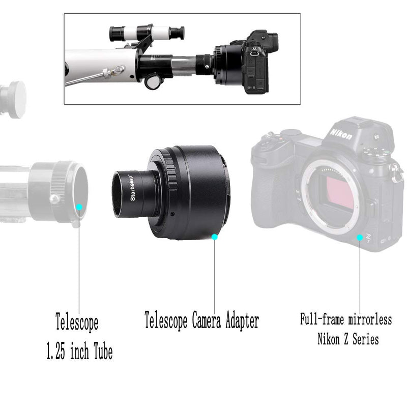 Starboosa Telescope Camera Adapter Mount for Full-Frame mirrorless Nikon Z Series - with 1.25 inch T Adapter - for Telescope Prime Focus and Photography