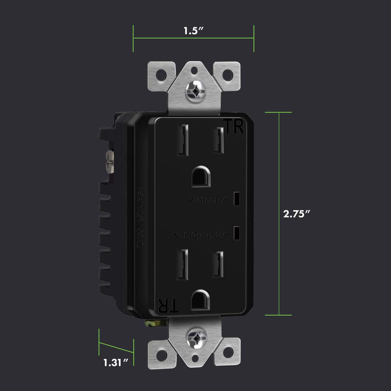 TOPGREENER Surge Protector Receptacle with Grounding Indicator, Child Safe, Tamper-Resistant, Self-Grounding, 900 Joules, 2-Pole, 15A 125V, UL Listed, TGTRSS215R-BK, Black 15 Amp Black