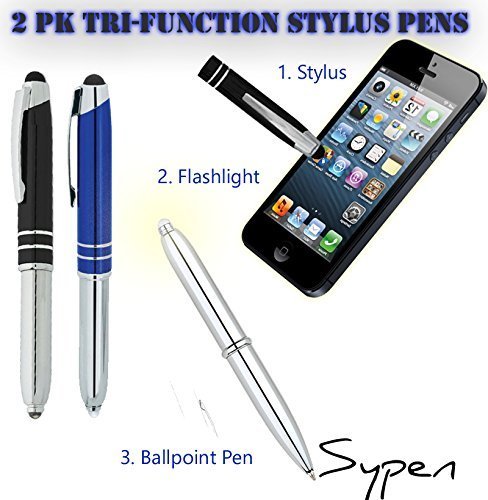 2 Pack Tri-Function Stylus Ballpoint Flashlight Capacitive Styli Pen for Any Touchscreen iPhone, iPad, Tablet & Android Devices (Silver/Blue) Silver/Blue