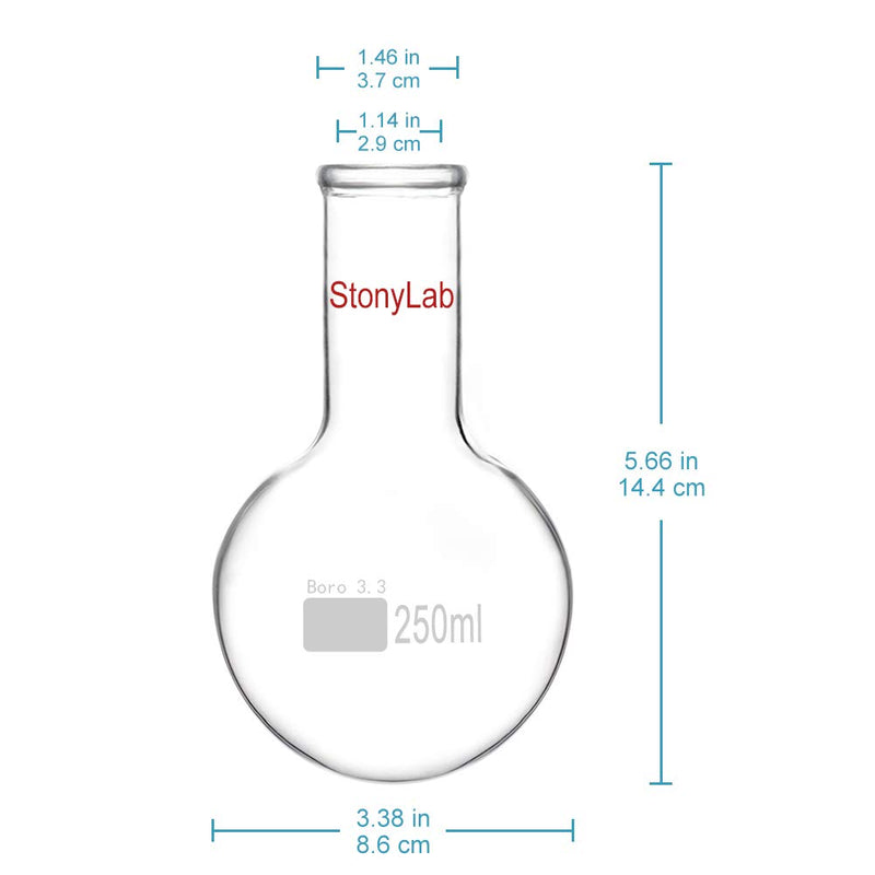 StonyLab Glass 250ml Long Neck Round Bottom Flask, Borosilicate Glass Heavy Wall Round Bottom Boiling Flask RBF with Long Neck - 250ml 250 ml