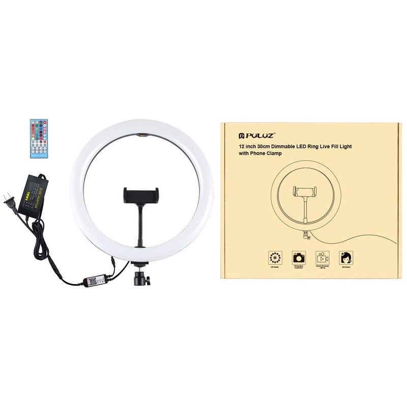 PULUZ Ring Light, 12 inch Dimmable RGB O Ring Light with Cold Shoe Tripod Ball Head & Phone Clamp and Remote for Makeup, YouTube Video, Desktop Led Ring Light Selfie Light Ring for Smartphone (Black) Black