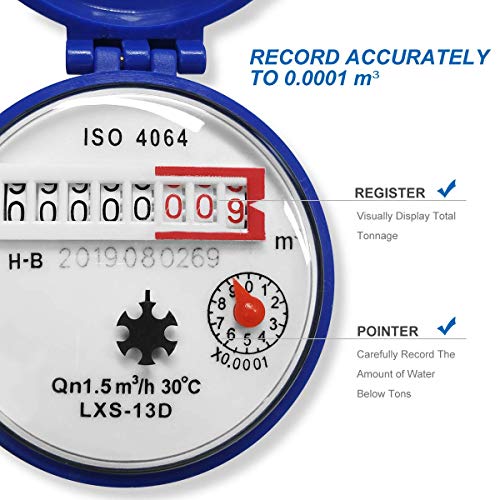 15mm 1/2 inch Cold Water Meter with Fittings for Garden & Home Usage Metering Applications Gardening Accessories