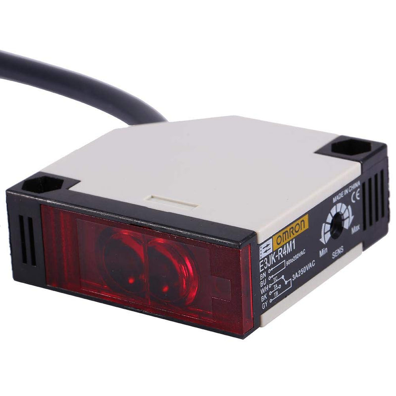 AC 90-250VAC 3A Photoelectric Switch Sensor E3JK-R4M1 Reflective Proximity Switch Specular Reflection Indoor Wall Mounted with Reflector Panel 1.5M Cable Induction Distance 4M