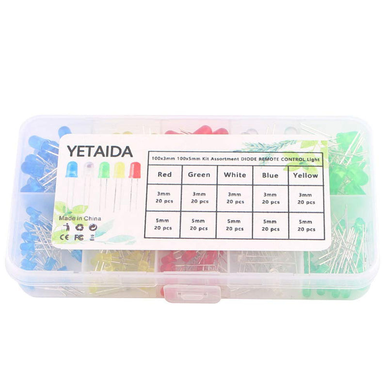 Yetaida 200 Pcs Led Diodes,3mm 5mm Ultra Bright Led Diode Assortment Kit Universal Mutil Color Red/Green/Blue/Yellow/White DIY Kit for Science Project/Experience