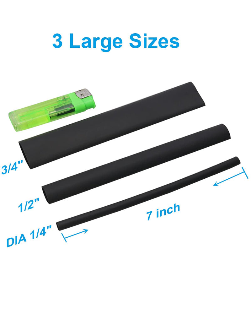 27pcs 3:1 Dual Wall Adhesive Heat Shrink Tubing Kit, 3 Large Sizes (Diameter): 3/4, 1/2, 1/4-inch, Marine 7-inch Long Cable Wire Sleeve Tube Assortment with Storage Case for DIY by MILAPEAK (Black)