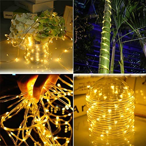 Battery Powered Rope Lights Outdoor, Bamlarate 10M 100LED Tube Strip Lights with 8 Modes, Waterproof Copper Wire String Lights for Bedroom, Garden, Yard, Party Wedding Christmas Decoration(Warm White) Warm White-100led