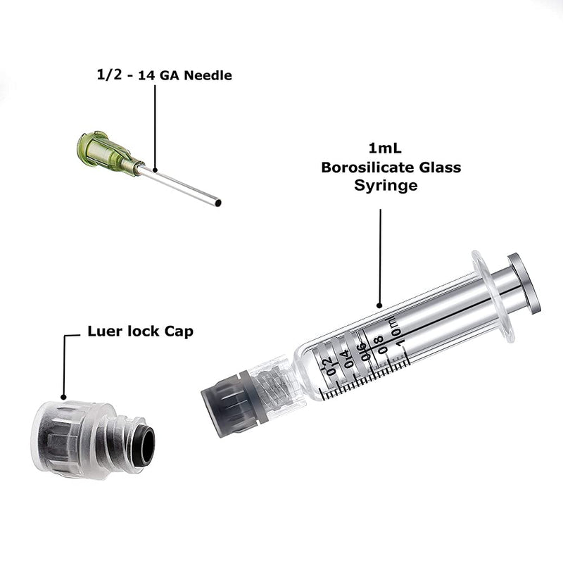 1ml Reusable Glass Syringe-Luer lock metal Plunger & 14 Gauge-1/2" blunt tips needles metal liquid syringe with plastic tubes 5 Pack
