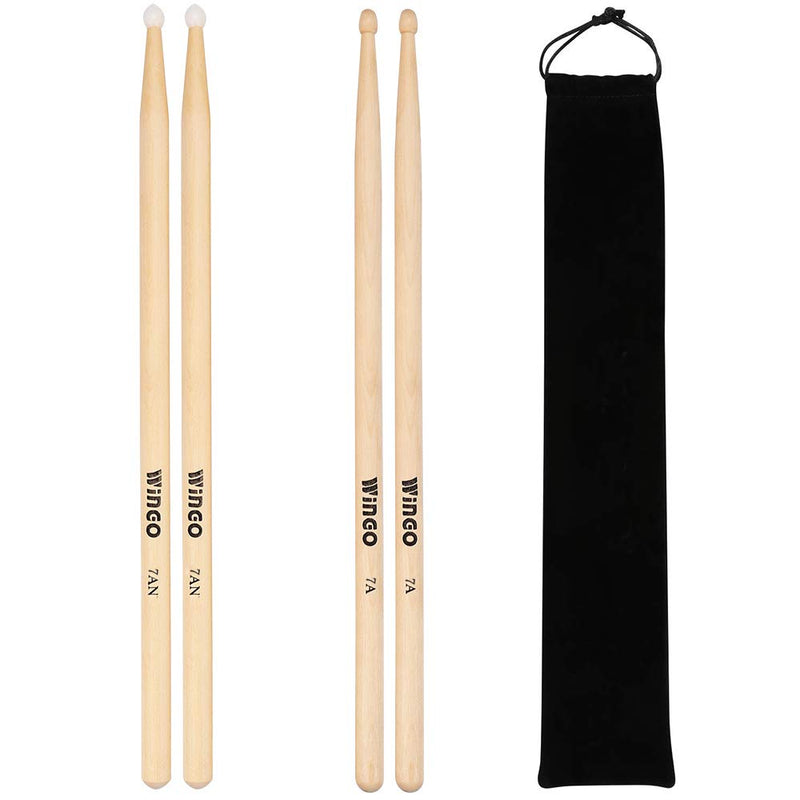 7A/7AN Drum Sticks with Wood Tips or Nylon Tips - WINGO 2 Pack Maple Drumsticks with Carrying Bag Holder 7A/7AN-2 Pack