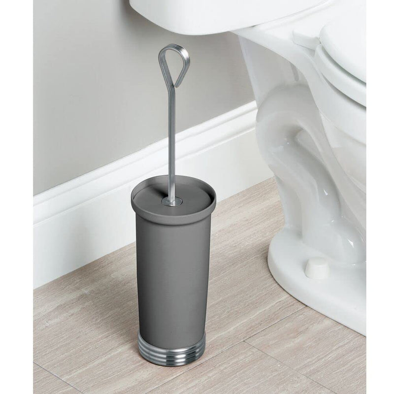 mDesign Compact Freestanding Plastic Toilet Bowl Brush and Holder for Bathroom Storage, Decorative Steel Handle and Base, Non-Skid - Sturdy, Deep Cleaning - Charcoal/Chrome