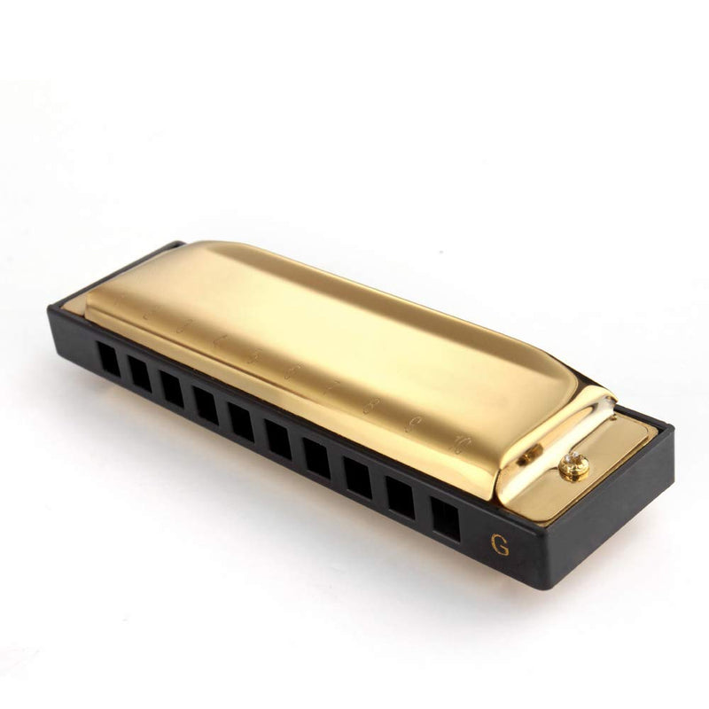 Flexzion 10 Holes Harmonica Key of G Major Diatonic Mouth Harp Musician Instrument in Metal with Carrying Case for Beginners Gift 1 Gold