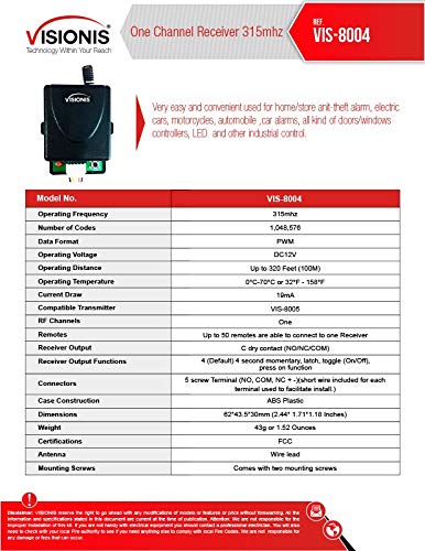 Visionis VIS-8004 12V 1CH RF Wireless Receiver Relay 315Mhz Remote Open Access Control for Doors Gates Garages Transmitter Compatible