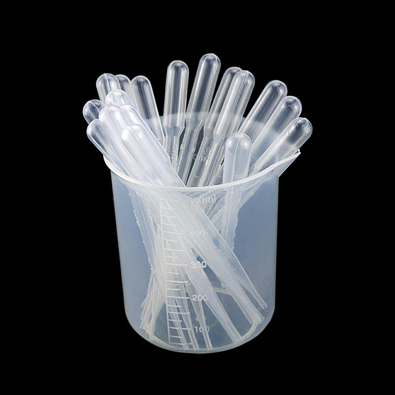 Twdrer 7 Sizes Plastic Beaker Set,Clear Measuring Graduated Liquid Container Beakers in 25ml/50ml/100ml/150ml/250ml/500ml/1000ml for Laboratory Measuring with 20 PCS Plastic Droppers in 3 ml