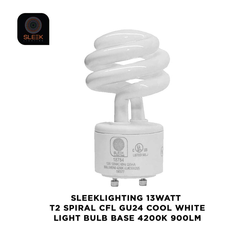 SleekLighting - 13Watt GU24 Base 2 prong light bulbs- UL approved-120v 60Hz - Mini Twist Lock Spiral -Self Ballasted CFL Two Pin Fluorescent Bulbs- 4200K 900lm Cool White 4pack (60Watt Equivalent)