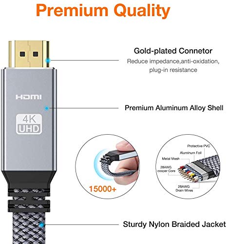 4K HDMI Cable 10ft, Snowkids HDMI 2.0 High Speed 18Gbps Cable, 4K@60Hz Flat Nylon Braided HDMI Cord Support 4K HDR ARC 3D UHD 2160P HD 1080P Ethernet, 4K TV Projector Blu-ray Monitor PC-Gray 10 feet