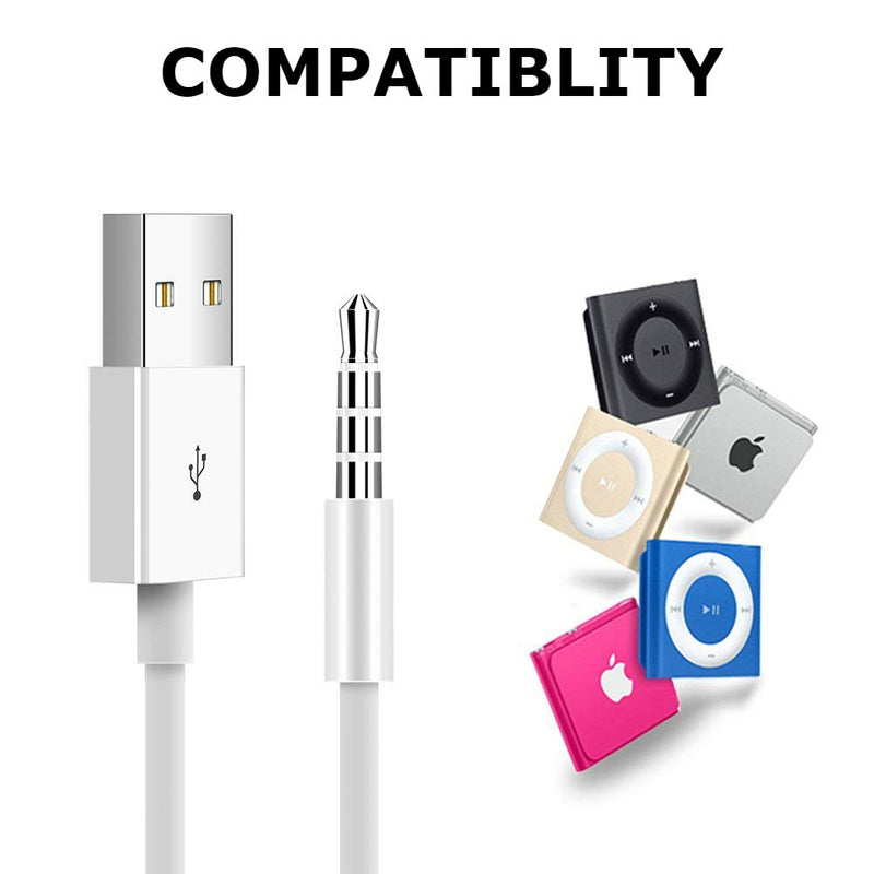 for iPod Shuffle Cable, 2-Pack 3.5mm Jack Plug to USB Charger + SYNC Data Replacement Cable Compatible for Apple iPod Shuffle 3rd 4th 5th Generation MP3/MP4 - White