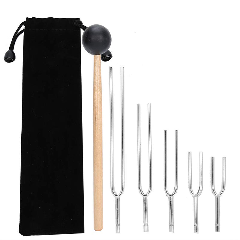 Brrnoo Tuning Fork Set, 5PCS 128HZ+256HZ+512HZ+1024HZ+2048HZ Medical Tuning Fork Hearing Test Aluminum Alloy Tuning Energy Fork With Hammer Tap
