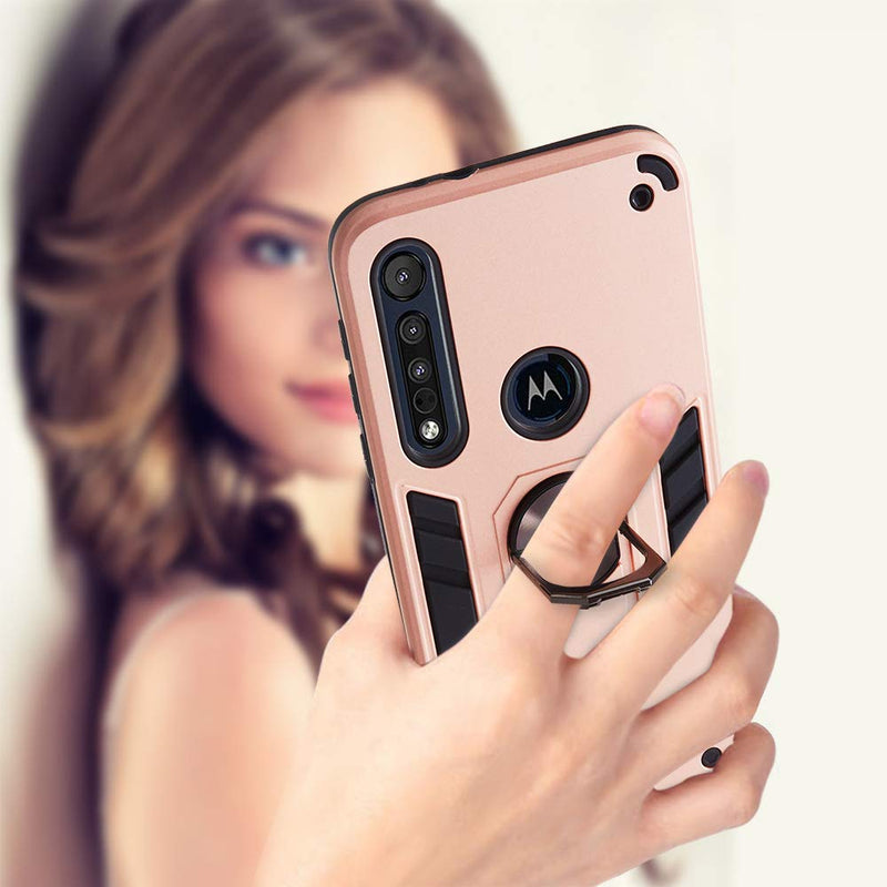 Compatible with Motorola Moto G8 Play Case, One Macro Cover Military Grade Phone Case with 360 Degree Rotating Holder Kickstand Support Magnetic Car Mount Rose Gold Moto G8 Play/One Macro