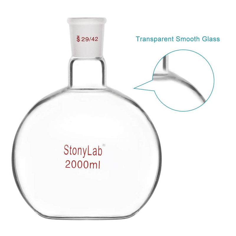 stonylab Heavy Wall Single Neck Borosilicate Glass Flat Bottom Boiling Flask, with 29/42 Standard Taper Outer Joint, 2000ml 2000 ml