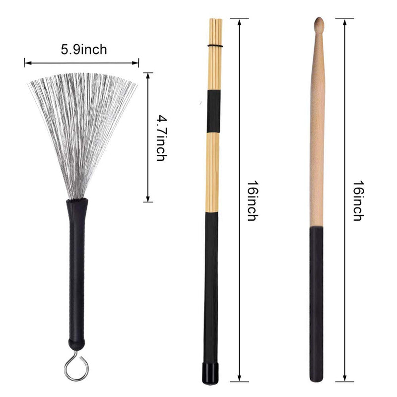 Cooyeah Drum Stick Brush Set, 1 Pair 5A Classic Maple Wood Drum Sticks 1 Pair Retractable Drum Wire Brushes and 1 Pair Rods Drum Brushes for Jazz Folk, Total 3 Pairs with Storage Bag