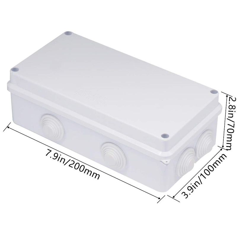 Zulkit Junction Box ABS Plastic Dustproof Waterproof IP65 Universal Electrical Boxes Project Enclosure White 7.9 x 3.9 x 2.8 inch (200 x 100 x 70mm) 7.9" x 3.9" x 2.8" With Holes