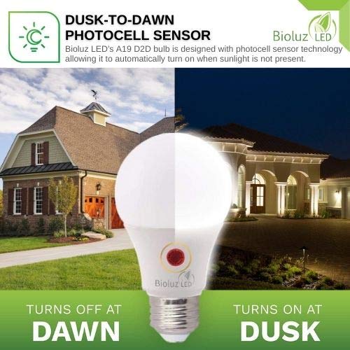 Bioluz LED Dusk to Dawn A19 Bulb Photocell Photosensor Auto On/Off, 9W, UL, Instant ON and 3 Min Delay Off, 3000K Soft White, Indoor/Outdoor Lighting Lamp Garage, Hallway, Yard, Porch