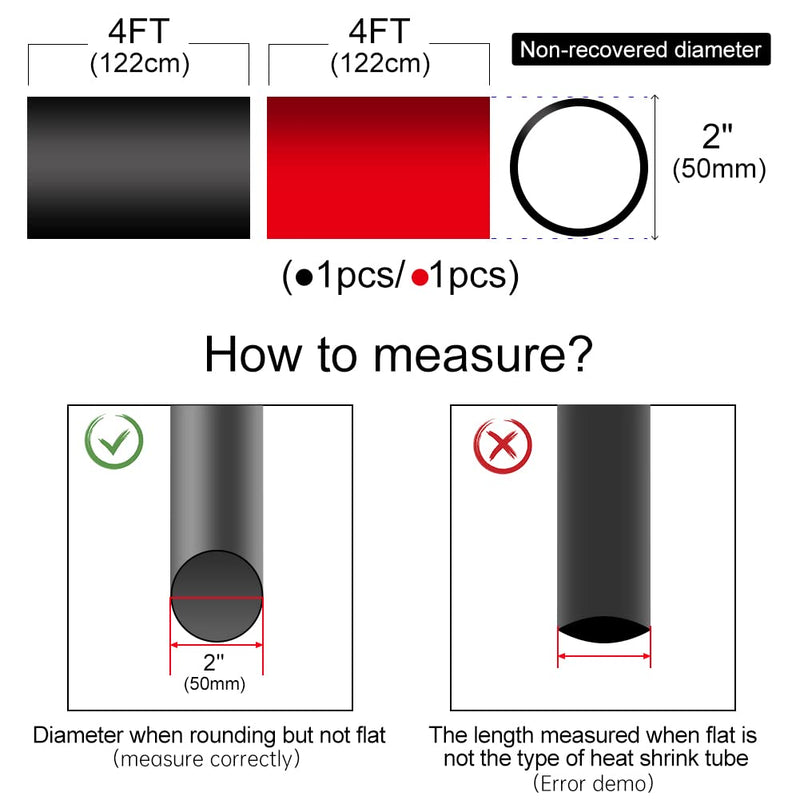 ELECFUN 2in Heat Shrink Tubing 3:1 Large Marine Heat Shrink Tube Dual Wall Adhesive Shrinkable Wire Wrap Tube, Fully Insulation (4 Feet Black Tubing, and 4 Feet Red Tubing) 2 Inch Black-4ft/Red-4ft