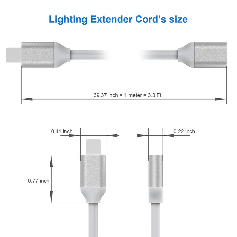 EMATETEK iOS Extender Cable Male to Female Pass Audio Video Music Data and Power Charge. 1PCS iOS Extension Cord Adapter Made of White TPE and Sliver Aluminum. (3.3Ft / 1M)