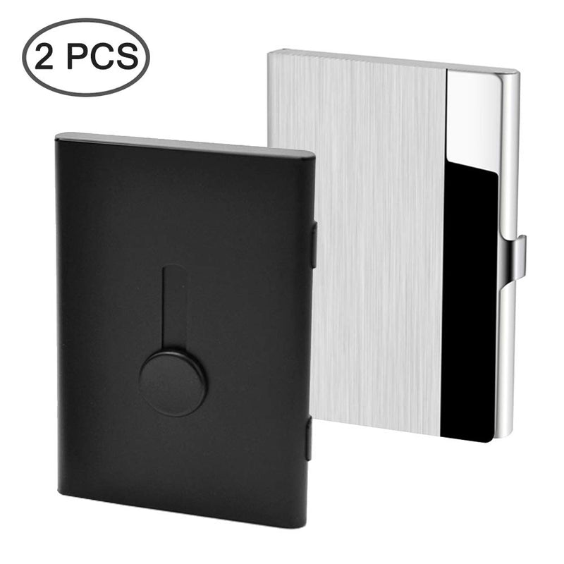 2 Pcs Business Card Holders, SENHAI Professional Thumb-Drive Slide Out Business Card Case and Stainless Steel ID Name Wallet Credit Card Holder for Men and Women - Black