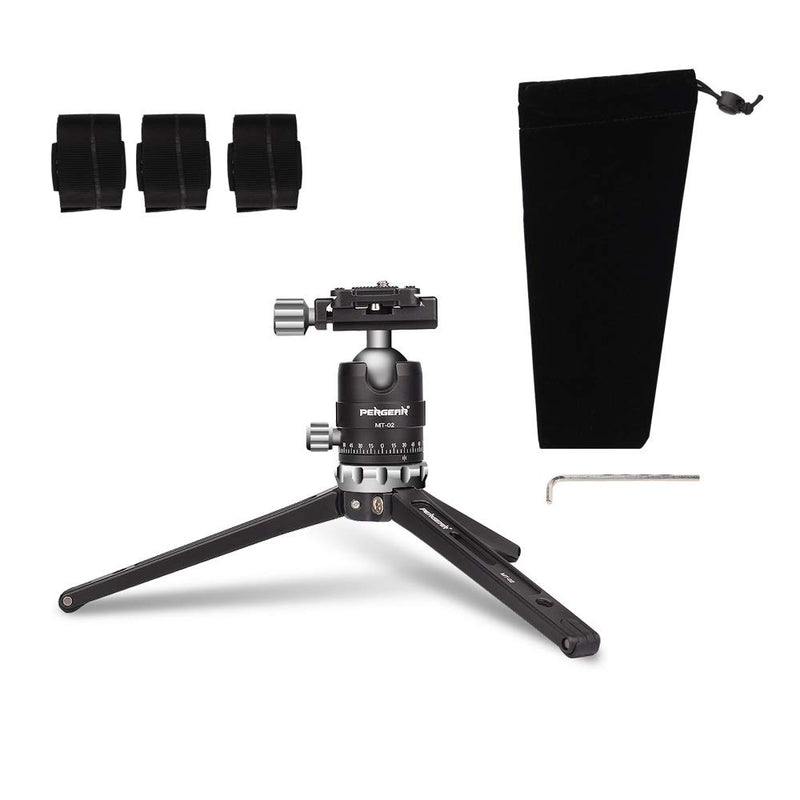 Pergear MT-02 Mini Tripod with 360° Fluid Rotation Tripod Ball Head, 15kg 33Lbs Payload, CNC Aluminum Alloy, Comes with 3 Fixing Straps for Multi-Angle Shooting, Additional 1/4 inch Screw Holes