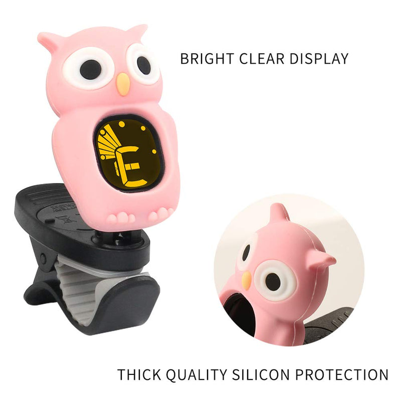 SWIFF Guitar Tuner Clip-On with Bright LCD Display for All String Instruments with Bass, Ukulele,Violin Accessories (Owl Pink) Owl Pink