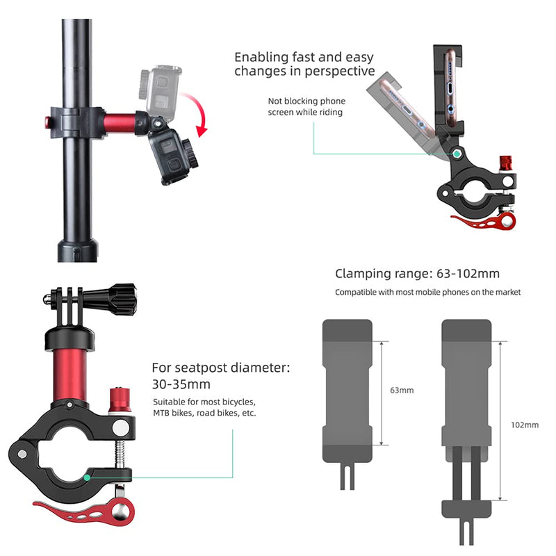 O'woda Action Camera Bike Mount Kit: Action Camera Bike Seatpost Clamp for DJI Osmo Pocket 4/3/2 / Osmo Action / GoPro Series / Insta360 Series / Fimi Palm + Bicycle Handlebar Phone Holder Camera and Phone Holder Kit