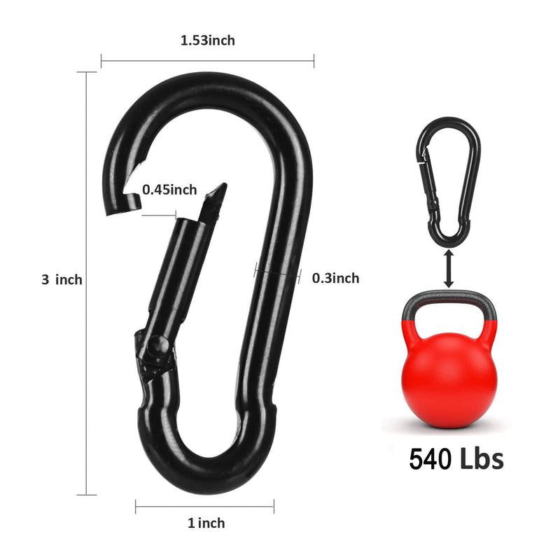 3 Inch Carabiner Spring Snap Hook Steel Clip Link Buckle Heavy Duty 8x80mm 10 Pcs for Outdoor Camping Hiking Hammock Swing, Black