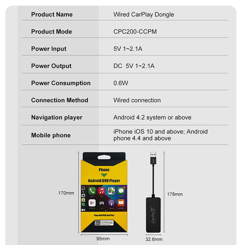 Carlinkit USB Wired Carplay Dongle Android Auto,with Android System Version 4.4.2 and Above,Support Google and waze map and Mirror Screen. Black