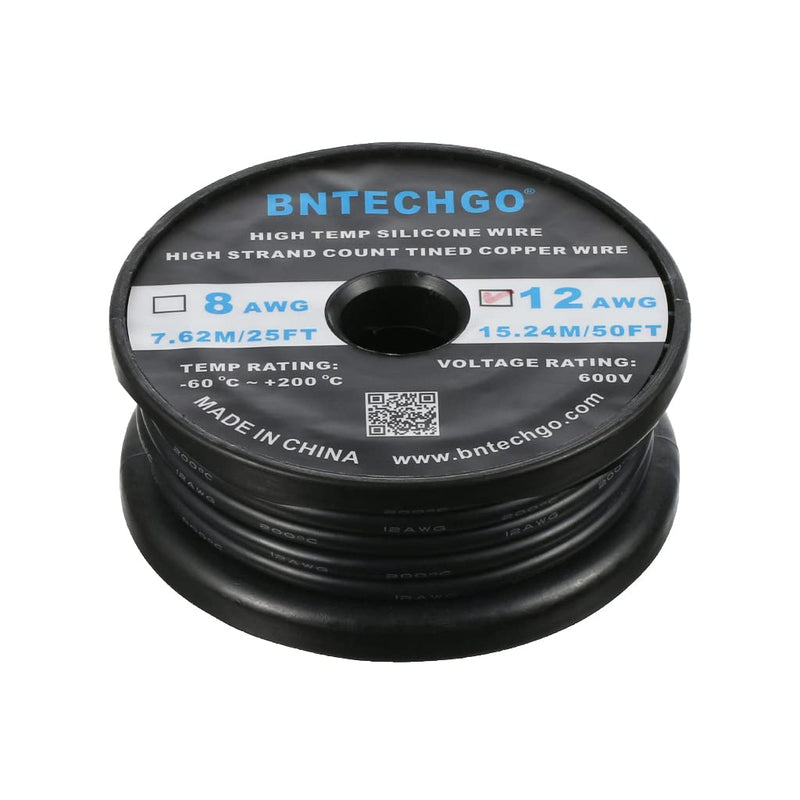 BNTECHGO 12 Gauge Silicone Wire Spool 50 ft Black Flexible 12 AWG Stranded Tinned Copper Wire 12 gauge silicone wire 50ft silicone wire black