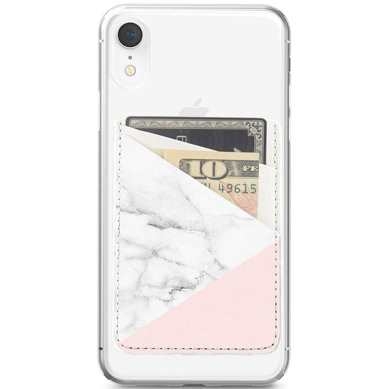 Obbii Baby Pink Marble PU Leather Card Holder for Back of Phone with 3M Adhesive Stick-on Credit Card Wallet Pockets for iPhone and Android Smartphones 红色