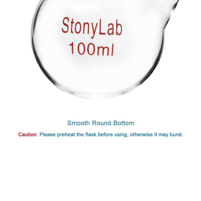 StonyLab Glass 100ml Heavy Wall 2 Neck Round Bottom Flask RBF, with 19/22 Center and Side Standard Taper Outer Joint - 100mL 100 ml