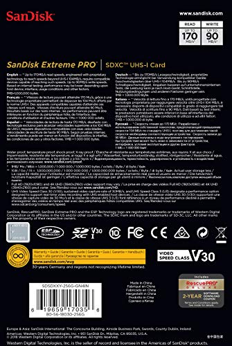 SanDisk 256GB Extreme PRO SDXC UHS-I Card - C10, U3, V30, 4K UHD, SD Card - SDSDXXY-256G-GN4IN Card Only