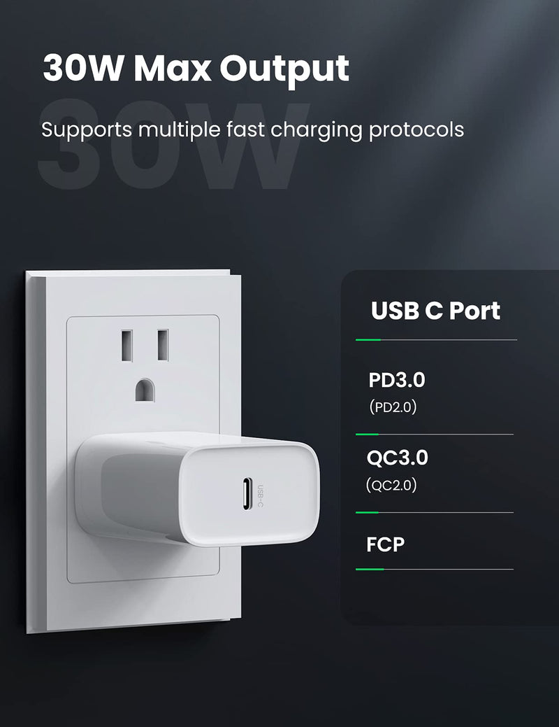 UGREEN 30W USB C Wall Charger - PD Fast Charger Block Power Adapter Compatible for MacBook Air, iPhone 12/12 Mini/12 Pro Max, Galaxy S21/ S21+, Note 20/ Note 10, iPad Pro, Pixel, Airpods and More