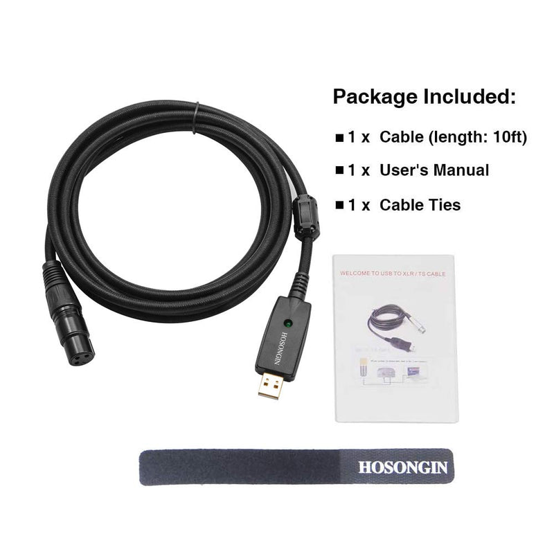 [AUSTRALIA] - USB Microphone Cable 10Ft, HOSONGIN USB Male to XLR Female Cable, Connector Cords Adapter for Microphones or Recording, 24K Gold-Plated USB Connector, Black Tweed Woven Jacket 