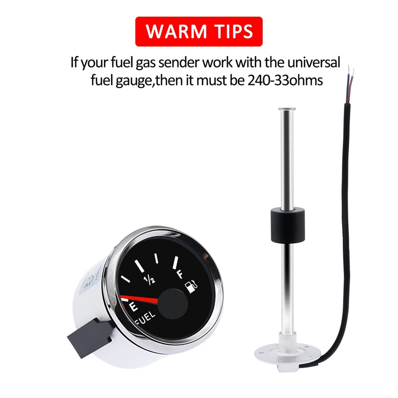 KAOLALI 240~33ohm Marine Fuel Sending Unit 250mm Stainless Steel Fuel Gas Tank Sender + Electric Fuel Level Gauge 52mm Fuel Meter