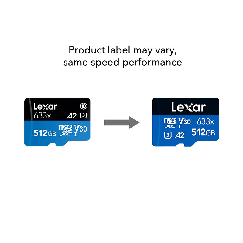 Lexar High-Performance 633x 512GB microSDXC UHS-I Card w/ SD Adapter, C10, U3, V30, A2, Full-HD & 4K Video, Up To 100MB/s Read, for Smartphones, Tablets, and Action Cameras (LSDMI512BBNL633A) Single