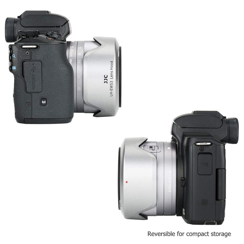 JJC Lens Hood Shade for Canon EF-M 15-45mm f/3.5-6.3 is STM Lens on Canon EOS M50 Mark II M50 M5 M6 Mark II M200 M100 M10 Replace Canon EW-53 Hood -Silver Silver