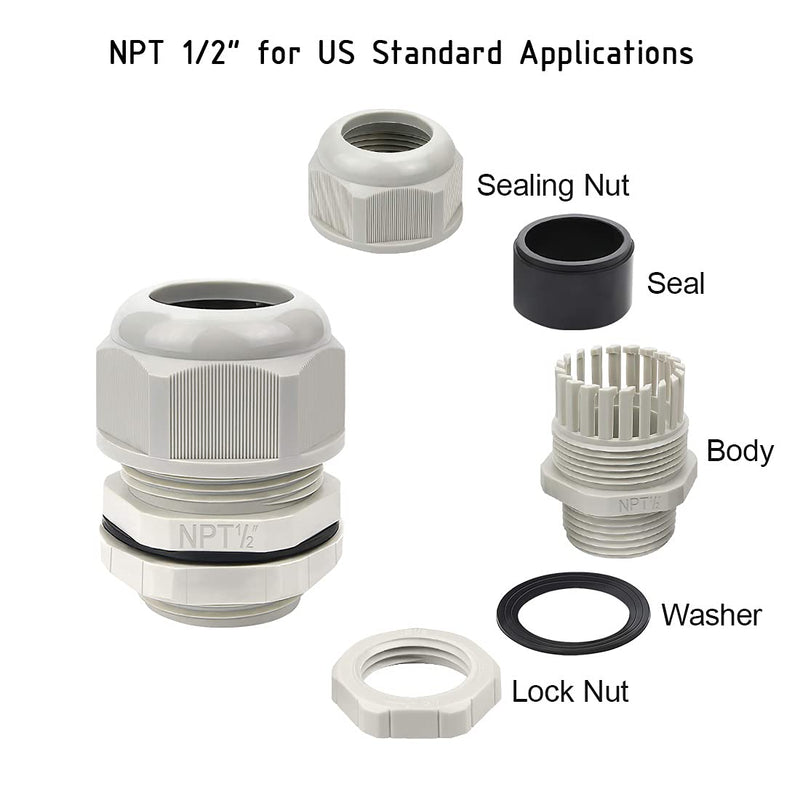 LeMotech 20 Pack NPT 1/2" Cable Glands Waterproof Adjustable 6-12mm Cable Connectors Grey Nylon Joints with Gaskets 1/2inch 20-pack Gray