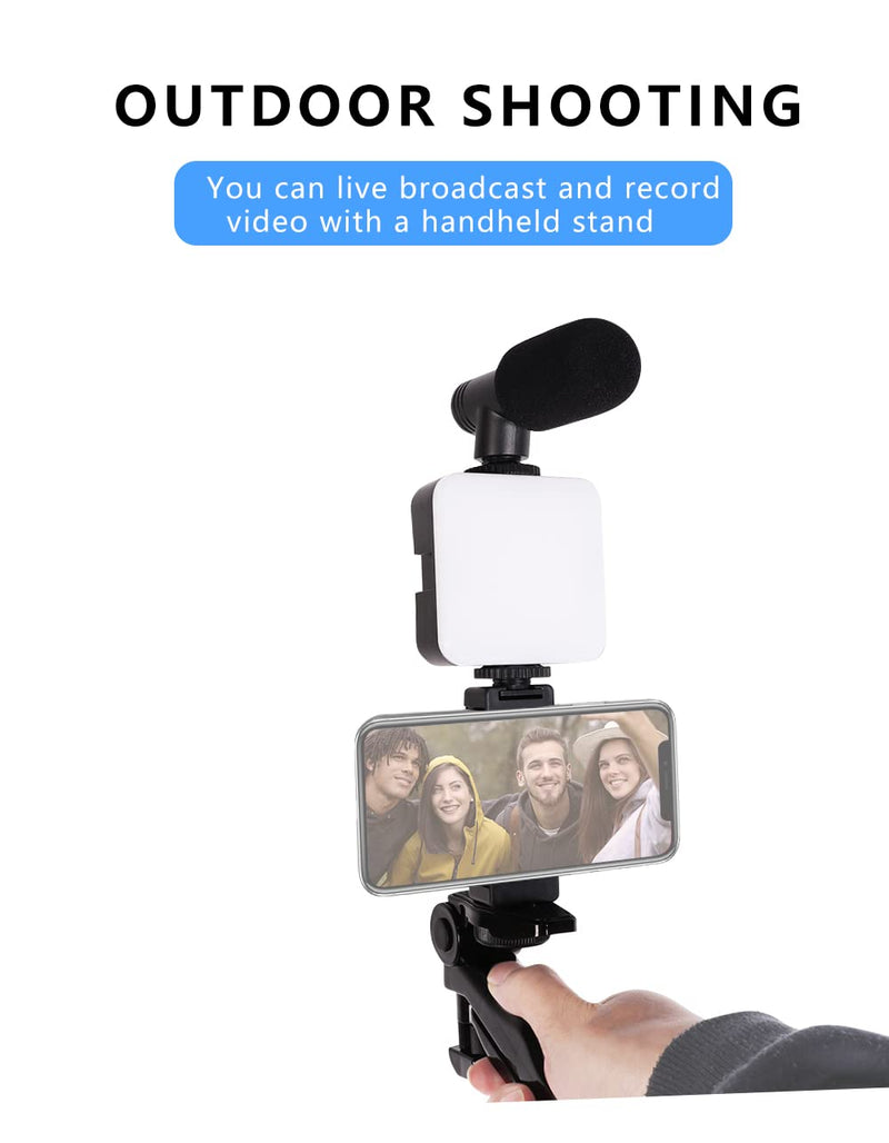 Samadex Video Microphone Vlogging Kit- Portable Studio Video Recording Microphone with Foldable mic Stand and Selfie Stick, Smartphone Camera Video Recording with 3 Brightness Level LED Light vlog