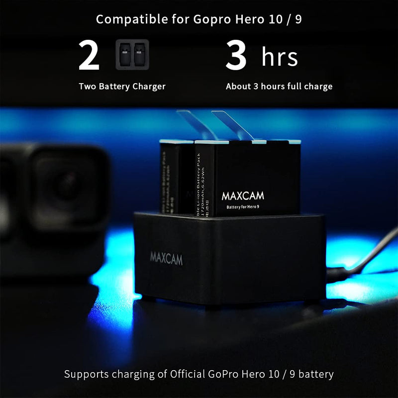MAXCAM Dual Battery Charger with Type-C USB Cable for GoPro HERO10/HERO9 Black