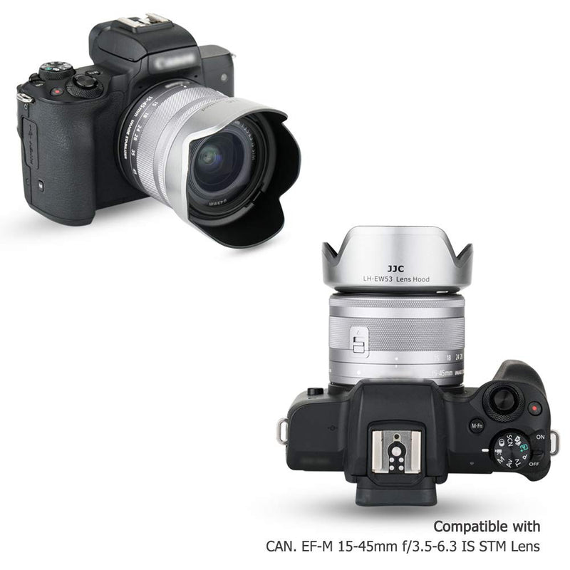 JJC Lens Hood Shade for Canon EF-M 15-45mm f/3.5-6.3 is STM Lens on Canon EOS M50 Mark II M50 M5 M6 Mark II M200 M100 M10 Replace Canon EW-53 Hood -Silver Silver