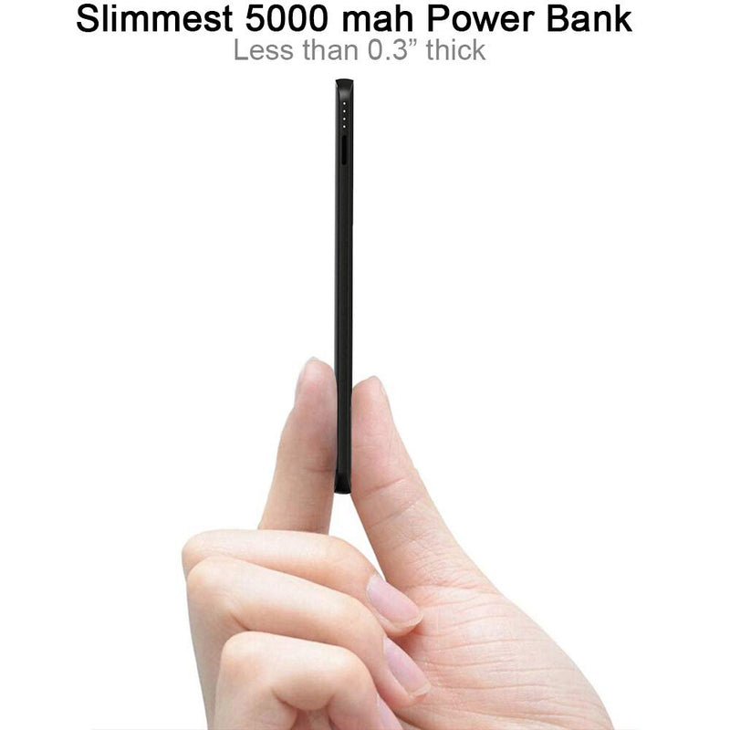 Triple USB Outputs Super Slim Power Bank Ultra Thin, Attom Tech 5000mAh Mini Portable Charger External Phone Battery Pack Small Dual USB Outlet, Emergency Phone Power Backup Black