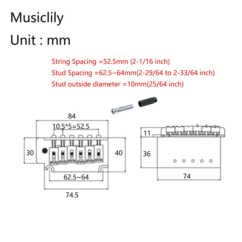 Musiclily Pro 52.5mm 2-Point Style Short Block Guitar Tremolo Bridge for Squier Strat, Black