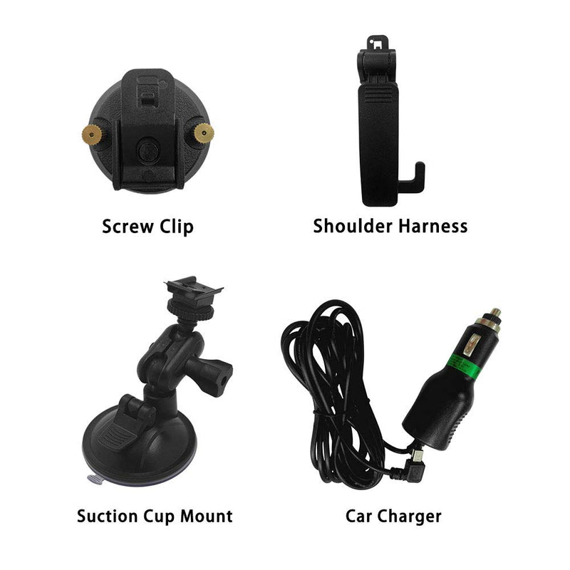 CammPro Body Worn Camera Accessories Bundle Kit, Screw Clip+Car Charger+Suction Cup Mount+Shoulder Clip (for M831 & I826) for M831 & I826